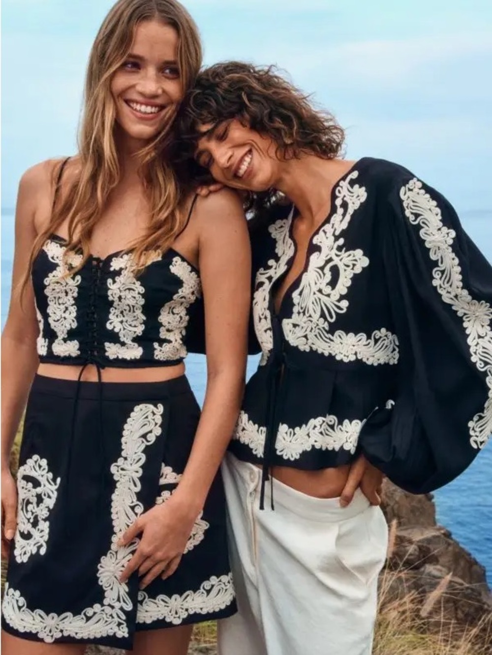 H&M Embroidered Black & Cream Two-Piece Crop bustier Top and wrap mini Skirt Set